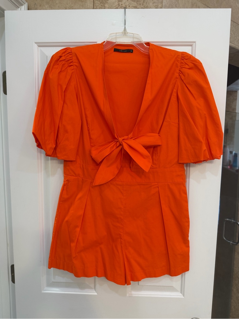 Deluc Bright Orange Tie-Front Puff Sleeve Romper